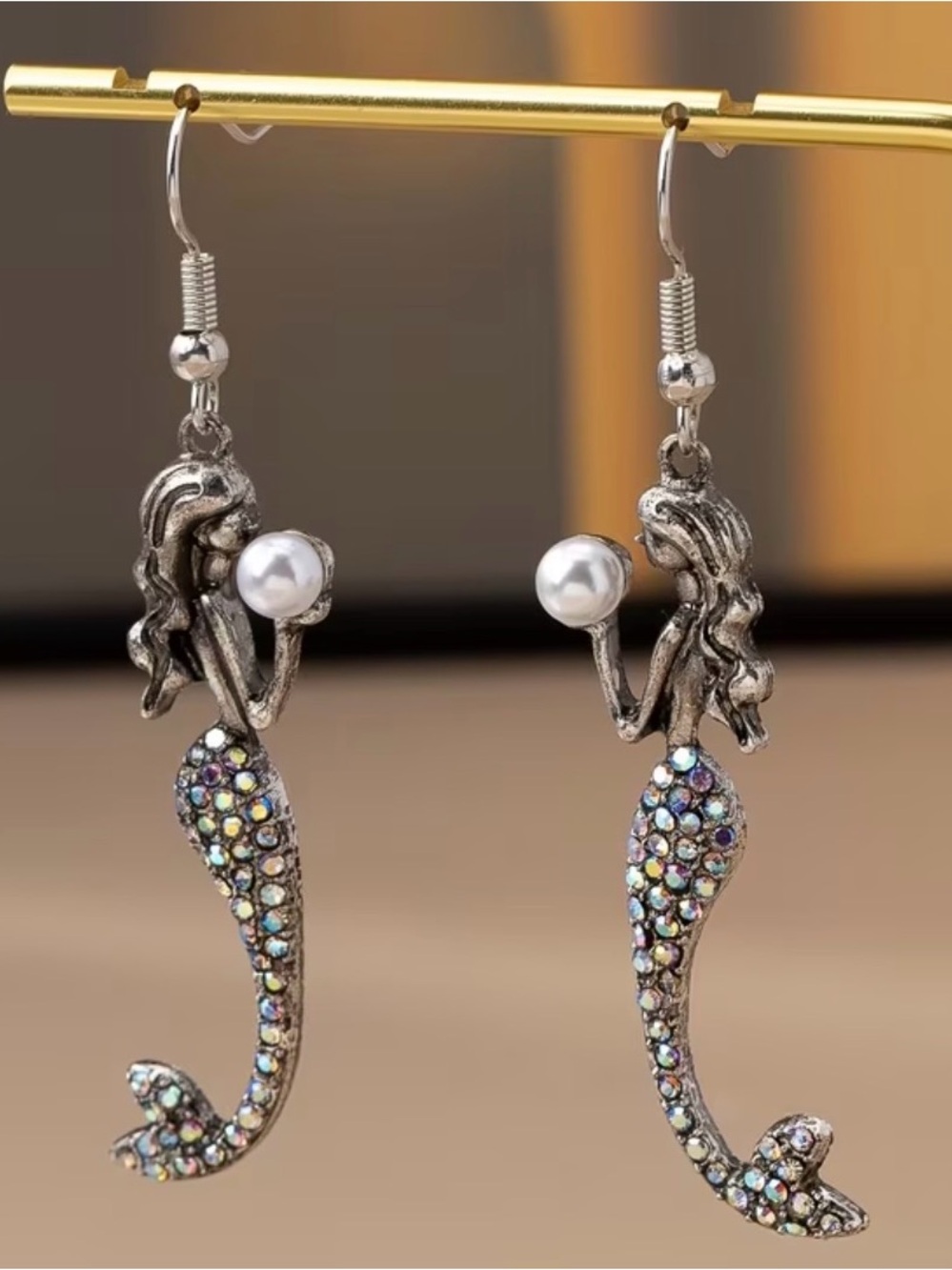 Silver Plated Mermaid Drop Earrings with Pearl and Multicolor Crystals